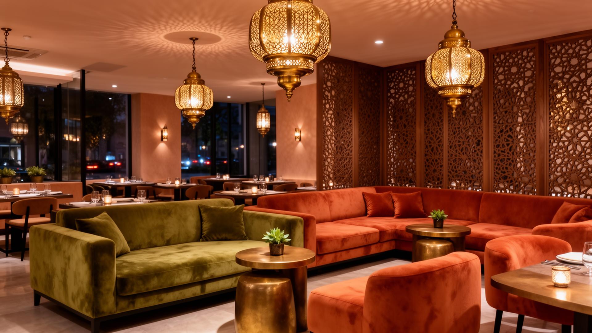 Interior del restaurante con sofás de terciopelo